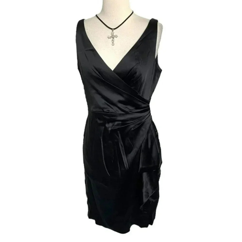 White House Black Market 8 black satin sleeveless v-neck surplice‎ dress